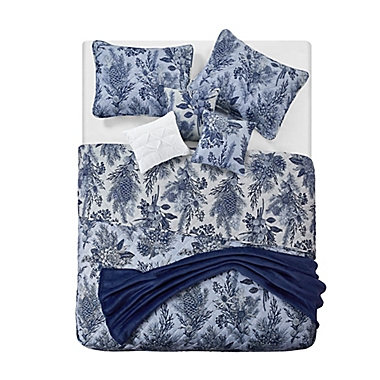 Pines and Flowers 7-Piece Reversible Full/Queen Quilt Set in Grey/Blue. View a larger version of this product image.