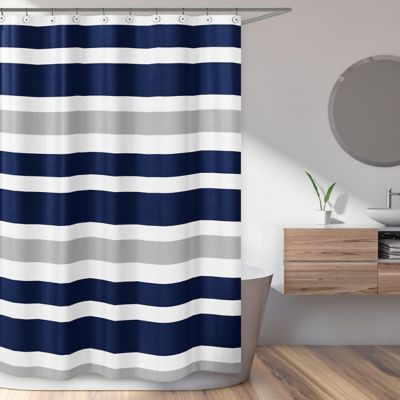 navy and beige shower curtain