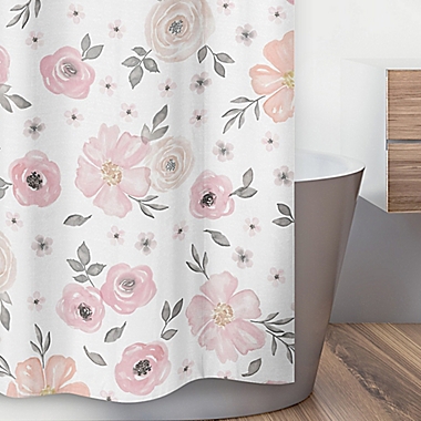 Sweet Jojo Designs Watercolor Floral 72-Inch x 72-inch Shower Curtain in Pink/Grey. View a larger version of this product image.