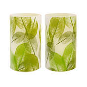 Lace Leaf Battery-Operated Wax LED Candles in Green (Set of 2)