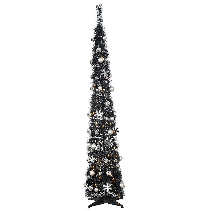 6 Foot Pre Lit Pre Decorated Slim Artificial Christmas Tree In Black White With Clear Lights Bed Bath Beyond