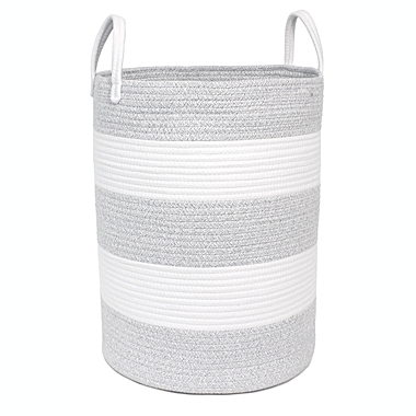 Taylor Madison Designs&reg; Round Rope Striped Hamper in Grey/White. View a larger version of this product image.