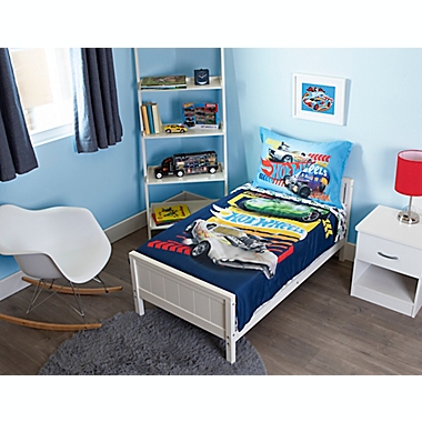 Hot Wheels&reg; 4-Piece Toddler Bedding Set in Blue. View a larger version of this product image.