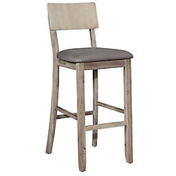 Washed Wood Bar Stool with Curved Backrest and Padded Seat in Grey