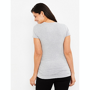 A Pea in the Pod X-Small Side Ruched V-Scoop Maternity T-Shirt in Grey. View a larger version of this product image.