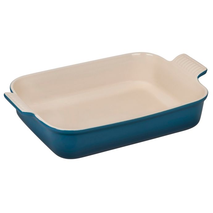 Le Creuset® Heritage 4 qt. Rectangular Baking Dish in Deep Teal Bed