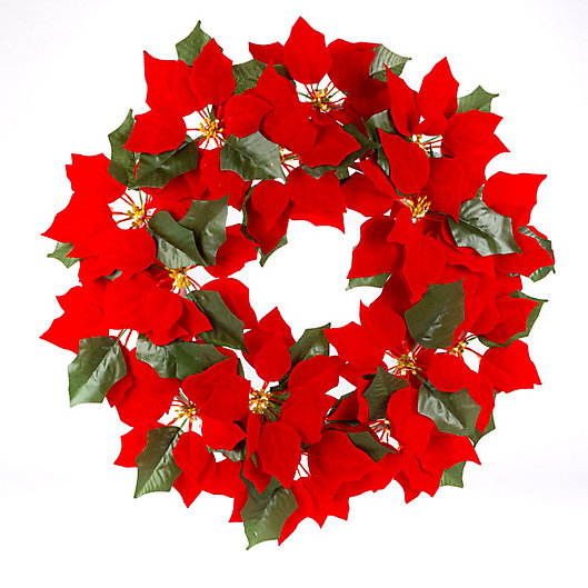 Alternate image 1 for Gerson 24-Inch Pre-Lit Poinsettia Christmas Wreath in Red
