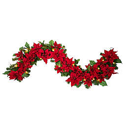 OIC Products 6-Foot Pre-Lit Christmas Poinsettia Holiday Garland in Red