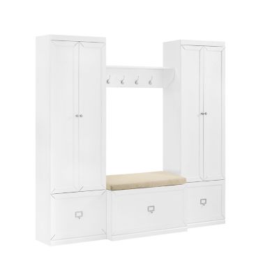 Crosley Harper 4-Piece Bench, Shelf and 2 Cabinets Set in White | Bed ...