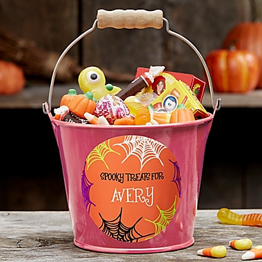 Sweets &amp; Treats &quot;Spooky Treats For&quot; Personalized Halloween Mini Bucket in Pink. View a larger version of this product image.