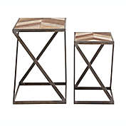 Ridge Road D&eacute;cor 2-Piece Geometric Parquet Wood and Metal Accent Table Set in Brown
