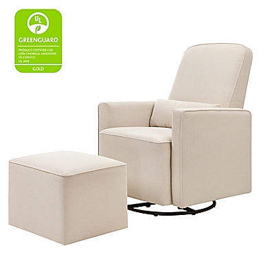 DaVinci Olive Upholstered Swivel Glider with Ottoman in Cream. View a larger version of this product image.
