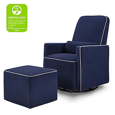 DaVinci Olive Upholstered Swivel Glider with Ottoman in Navy/Grey. View a larger version of this product image.