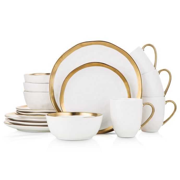 Stone Lain Gold Rim 16Piece Dinnerware Set in White/Gold Bed Bath