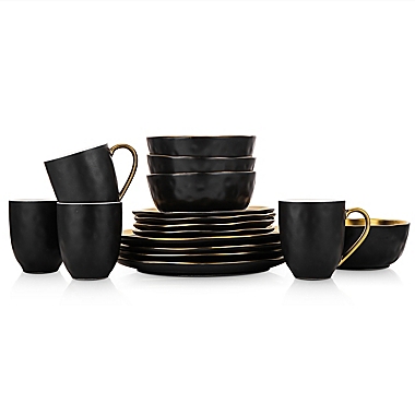 Stone Lain Gold Rim 16-Piece Dinnerware Set in Black/Gold. View a larger version of this product image.