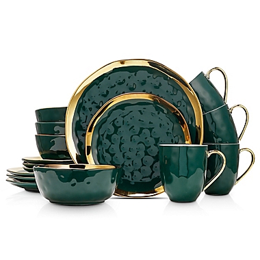 Stone Lain Gold Rim 16-Piece Dinnerware Set in Green/Gold. View a larger version of this product image.