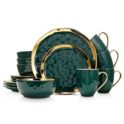 Stone Lain Gold Rim 16-Piece Dinnerware Set in Green/Gold