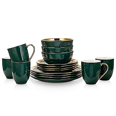 Stone Lain Gold Rim 16-Piece Dinnerware Set in Green/Gold. View a larger version of this product image.