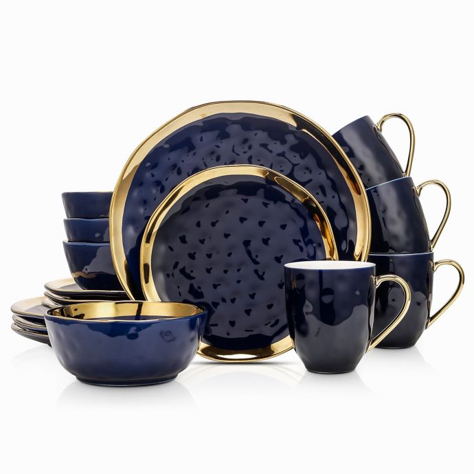 Stone Lain Gold Rim 16Piece Dinnerware Set in Navy/Gold Bed Bath and