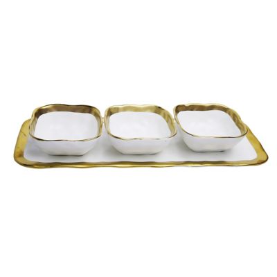 Classic Touch Square Snack Bowls in White/Gold (Set of 3)