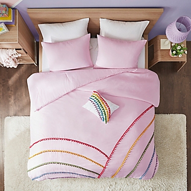 Mi Zone Juniper Rainbow 3-Piece Twin/Twin XL omforter Set With Pompom Trim in Pink. View a larger version of this product image.