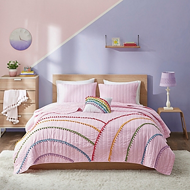Mi Zone Juniper Rainbow 3-Piece Twin/Twin XL Coverlet Set With Pompom Trim in Pink. View a larger version of this product image.