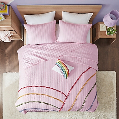 Mi Zone Juniper Rainbow 3-Piece Twin/Twin XL Coverlet Set With Pompom Trim in Pink. View a larger version of this product image.