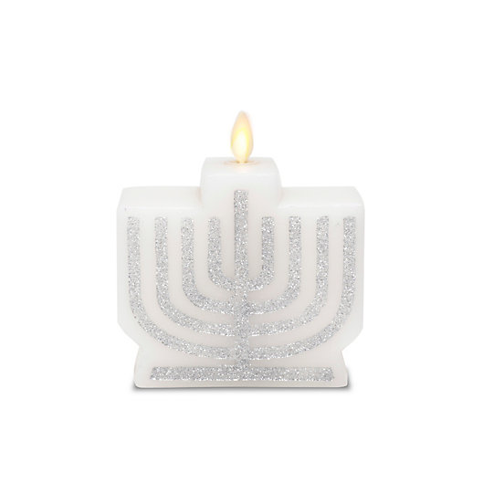 Alternate image 1 for Luminara® LED Real-Flame Effect Menorah Pillar Candle in White/Silver