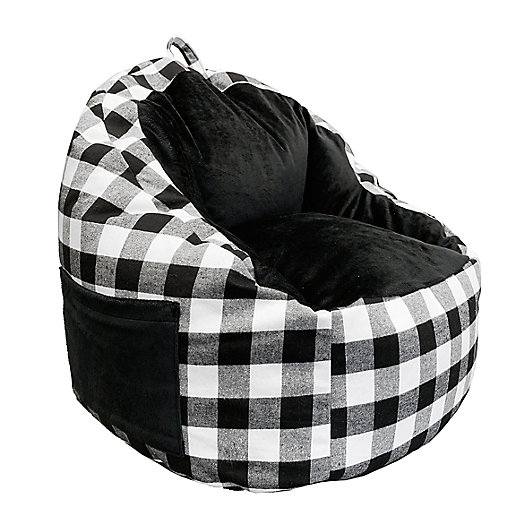 Alternate image 1 for ACEssentials® Buffalo Plaid Faux Fur Kids Bean Bag Chair with Tablet Pocket in Black/White