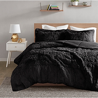 Intelligent Design Malea Shaggy 3-Piece Reversible Full/Queen Comforter Set in Black. View a larger version of this product image.