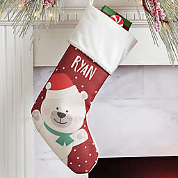 Holly Jolly Polar Bear Personalized Christmas Stocking in Ivory