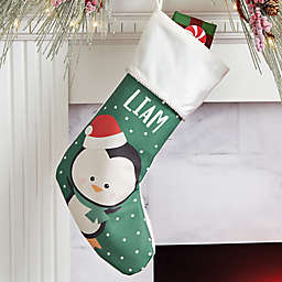 Holly Jolly Penguin Personalized Christmas Stocking in Ivory