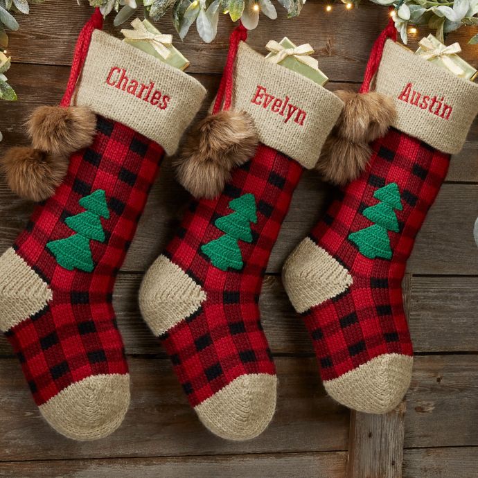 Buffalo Check Jumbo Knit Personalized Christmas Stocking in Red | Bed