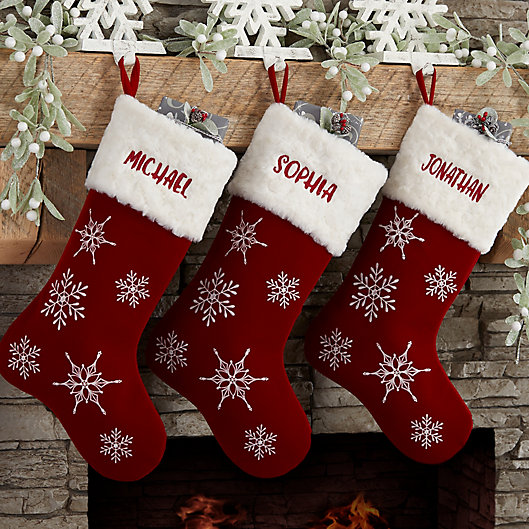 Alternate image 1 for Winter Wonderland Snowflake Personalized Christmas Stocking in Red