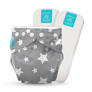 Charlie Banana One Size Reusable Cloth Diaper with 2 Inserts in Twinkle Star White. View a larger version of this product image.