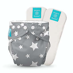 Charlie Banana One Size Reusable Cloth Diaper with 2 Inserts in Twinkle Star White