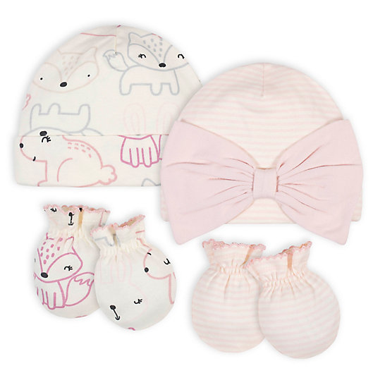Alternate image 1 for Gerber® Size Premie 4-Piece Flower Cap and Mitten Set in Pink
