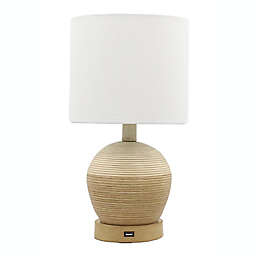 Designs Direct 14.5-Inch Carved Resin Table Lamp in Brown with USB and Fabric Shade