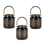 Round Pierced Metal Lanterns in Black/Gold (Set of 3)