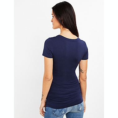 A Pea in the Pod X-Small Side Ruched V-Scoop Maternity T-Shirt in Navy. View a larger version of this product image.