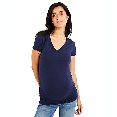 A Pea in the Pod X-Small Side Ruched V-Scoop Maternity T-Shirt in Navy. View a larger version of this product image.