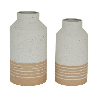 Set of 2 Round White Metal Textured Vase with Beige Striped Base - Olivia & May: Iron, Farmhouse Style, 11.9" Height