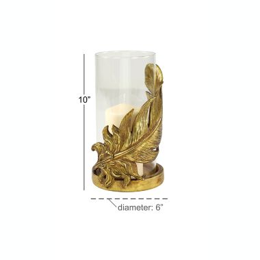 Ridge Road D&eacute;cor Feather Candle Holder with Hurricane Glass in Gold. View a larger version of this product image.