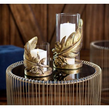 Ridge Road D&eacute;cor Feather Candle Holder with Hurricane Glass in Gold. View a larger version of this product image.