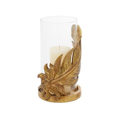 Ridge Road D&eacute;cor Feather Candle Holder with Hurricane Glass in Gold. View a larger version of this product image.