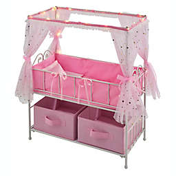 Badger Basket Doll Crib with Bedding and LED Lights in Pink/White