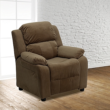 Flash Furniture Microfiber Kids Recliner with Storage Arms in Brown. View a larger version of this product image.