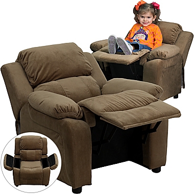 Flash Furniture Microfiber Kids Recliner with Storage Arms in Brown. View a larger version of this product image.