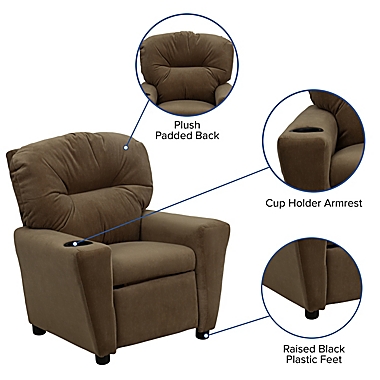Flash Furniture Microfiber Kids Recliner with Cup Holder in Brown. View a larger version of this product image.