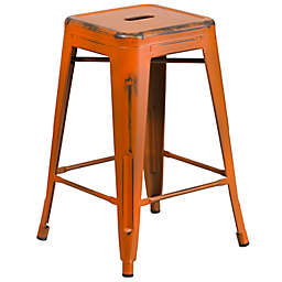 Flash Furniture 24-Inch Backless Distressed Counter Stool in Orange
